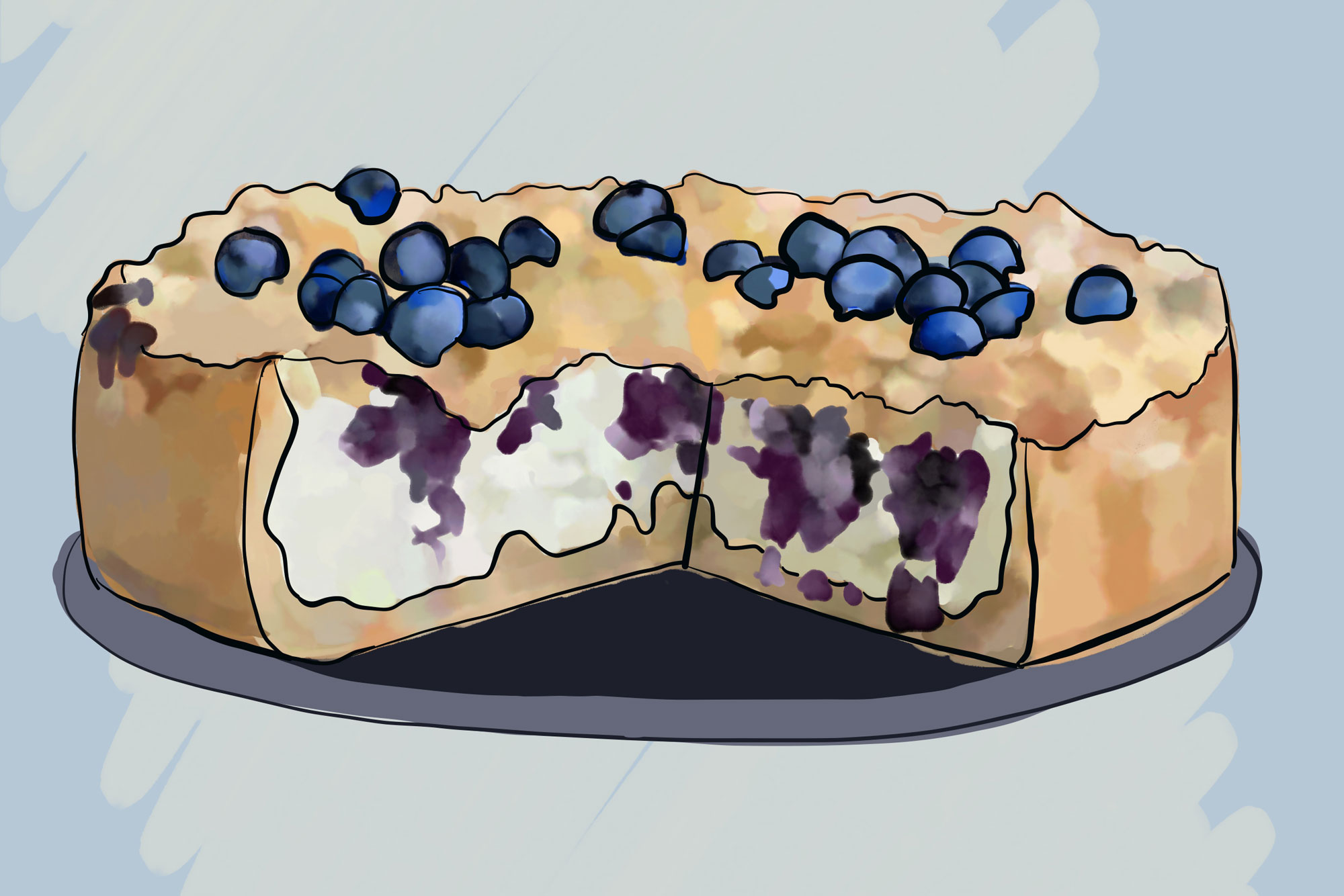 A digital drawing of a blueberry crumble cake on a purple plate