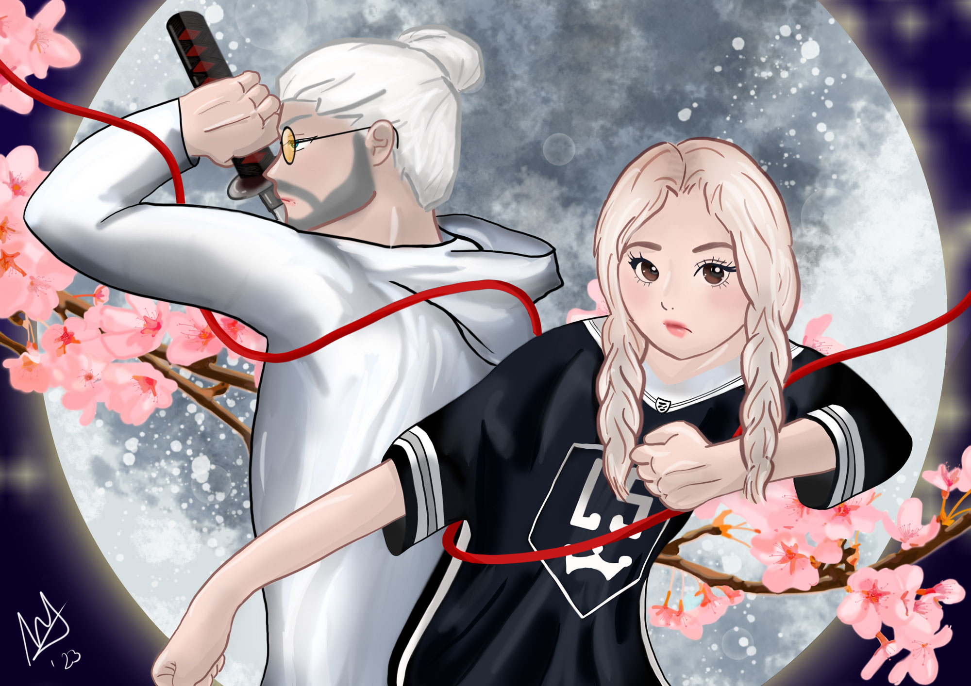 A digital drawing of a female an male character, fighting back to back in fron of the full moon. They are connected through a red bond an behind them is a cherry tree branch with cherry blossoms